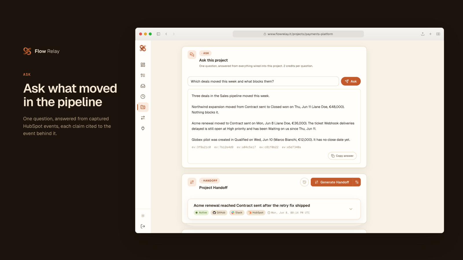 Asking Flow Relay which HubSpot deals moved this week, answered with cited events