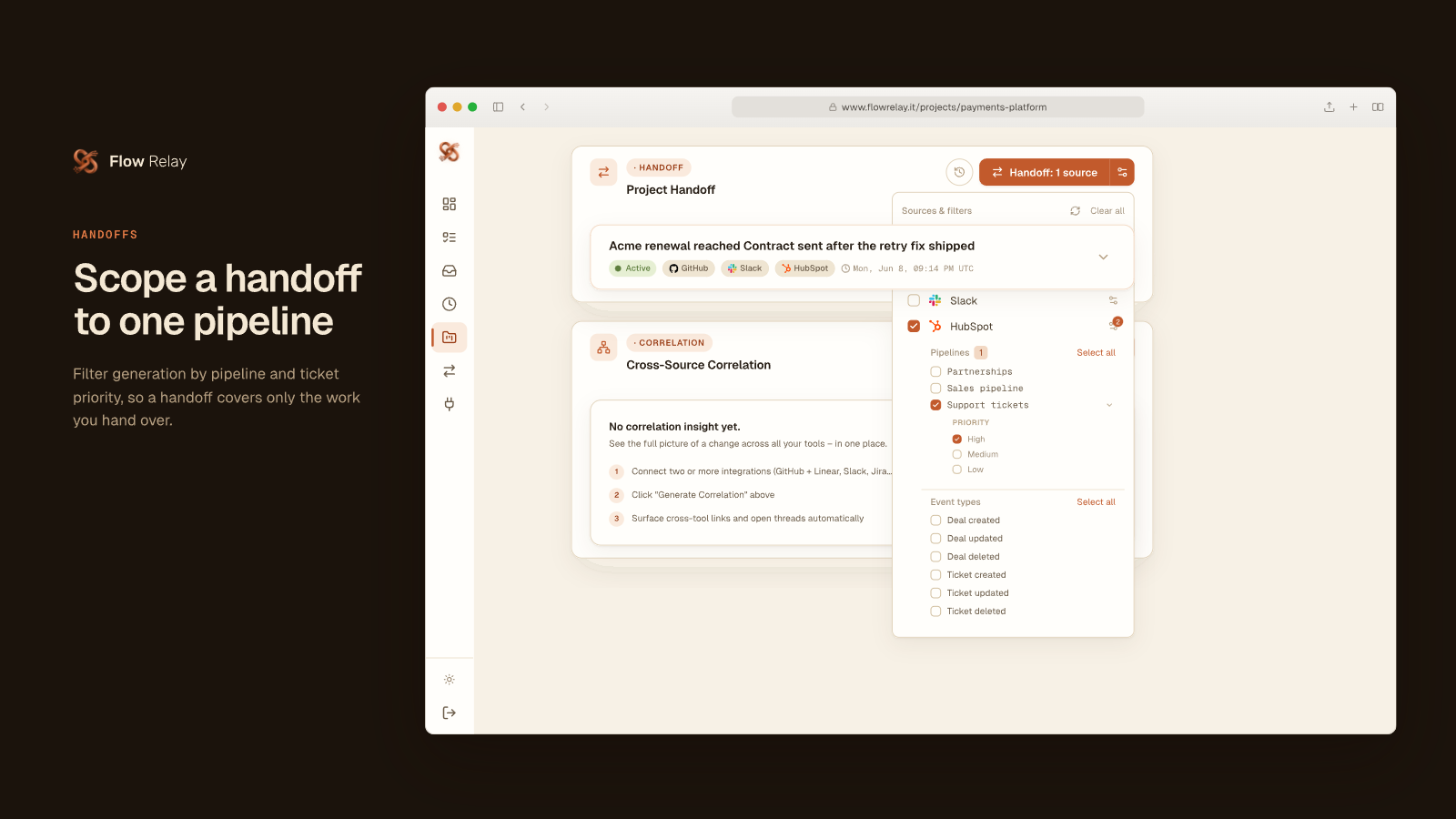 Handoff filters scoped to a HubSpot pipeline and ticket priority