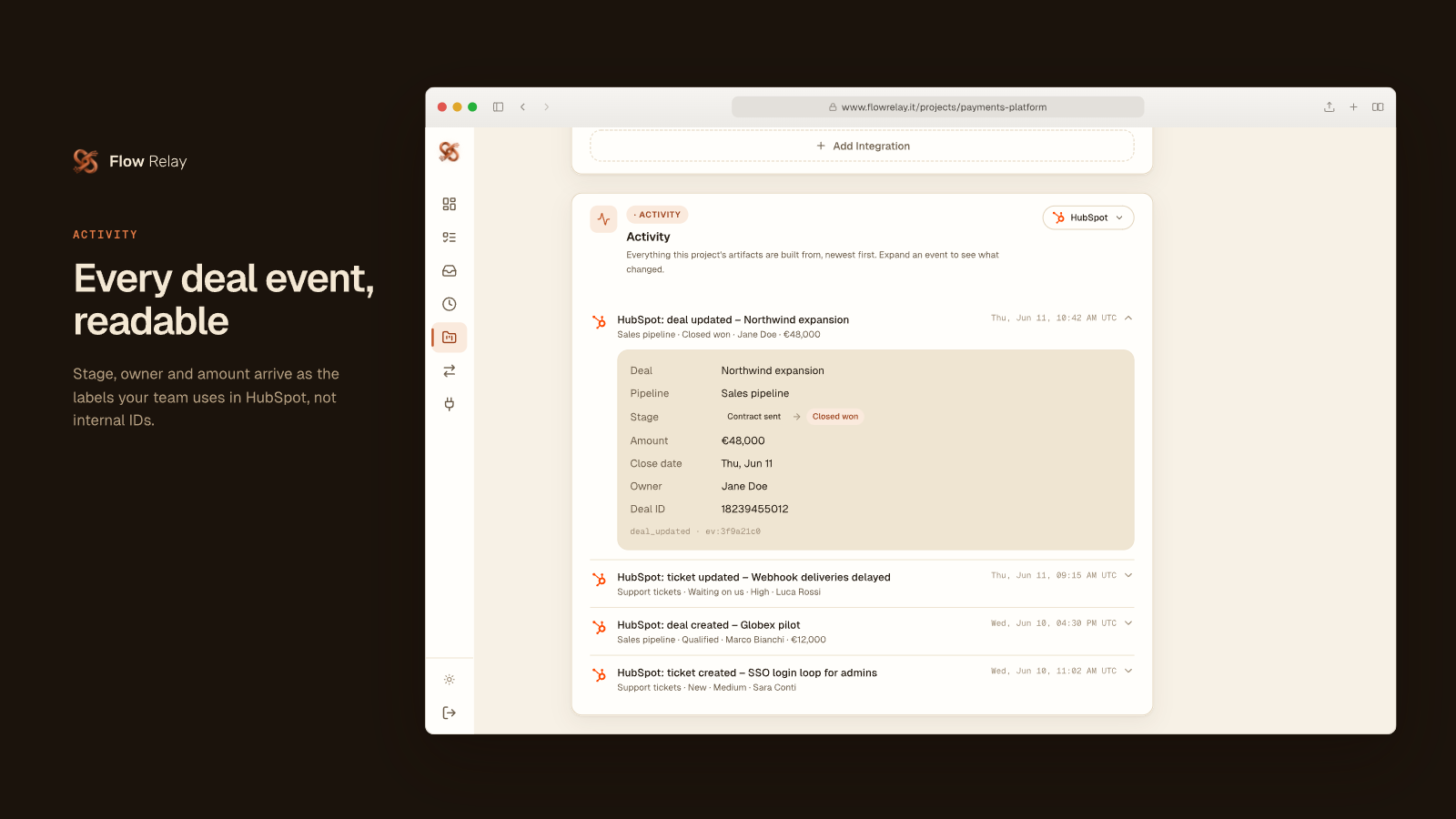 HubSpot deal event in Flow Relay with stage change, owner and amount resolved to labels